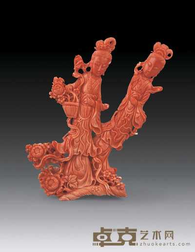 清 红珊瑚雕仕女立件 高18cm